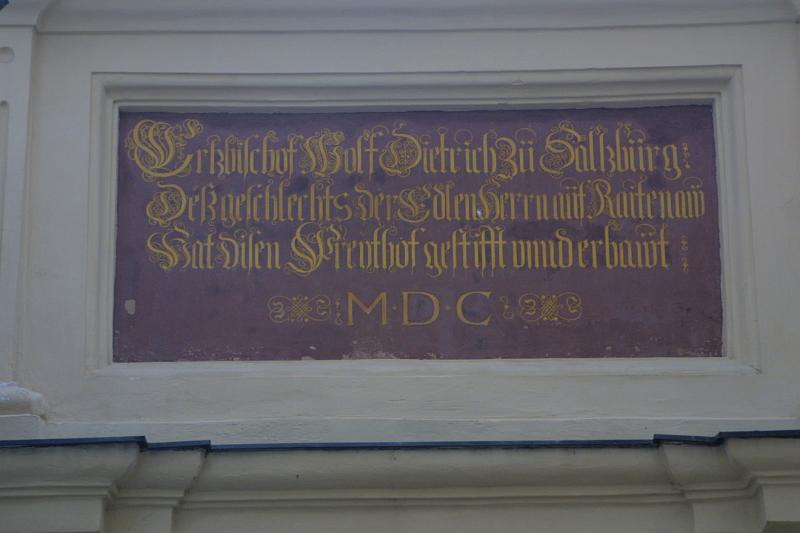 00381.jpg - Cool script on plaque. A dedication by Prince-Archbishop Wolf-Dietrich of  St. Sebastian's.