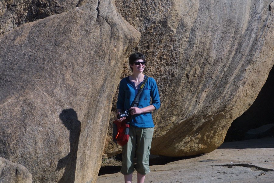 1168000_JenAndBouldersOnHillHampi.jpg - Jen with boulders at Hampi.