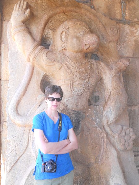 1316692_JenAndHanumanRangaTempleHampi.jpg - Jen and Hanuman carving at the Ranga Temple. Hampi.