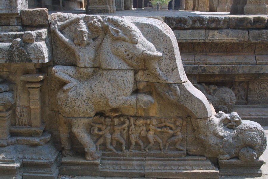 1779000_AiravateswararTemple.jpg - Carving of a man riding a Yali at the Airavateswarar Temple. Darasuram.